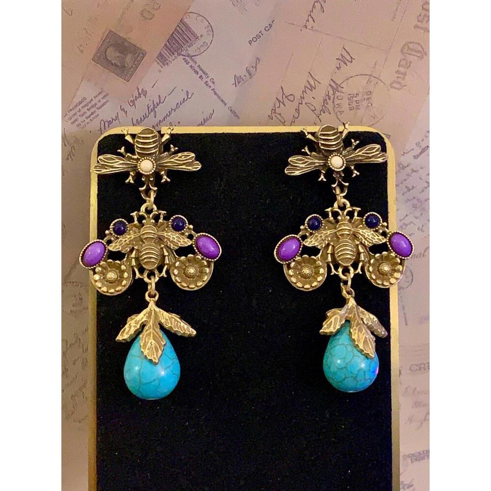 Ornate Insect Drop Earrings - Turquoise Teardrop & Purple Cabochon Bug Dangles